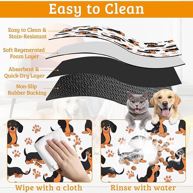 Dog Bowl Mat,Dog Dachshund Pet Feeding Mat for Floors Waterproof, Grey Paws Absorbent Dogs Placemat for Food and Water Quick Dry Pet Cat Feeding Mats with Non Slip Bottom 12" x 20"