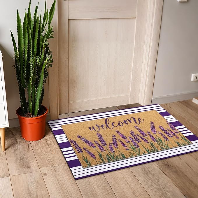 Tinideya 2 Pcs Lavender Door Mat Purple and White Stripe Welcome Non Slip Coir Mats Flower Floor Layering Doormats Seasonal for Front Porch Entryway Decor(Lavender)