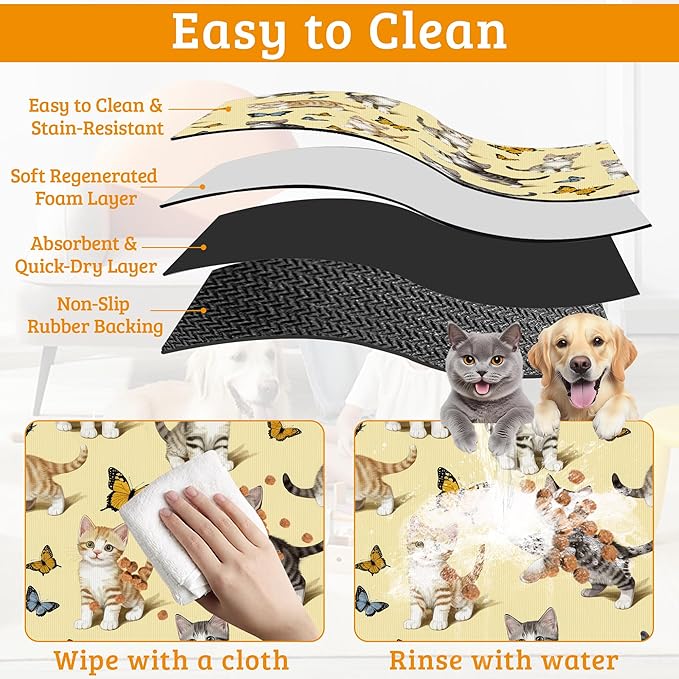 Dog Bowl Mat,Cute Cats Pet Feeding Mat for Floors Waterproof,Butterfly Absorbent Dogs Placemat for Food and Water Quick Dry Pet Cat Feeding Mats with Non Slip Bottom 16" x 24"