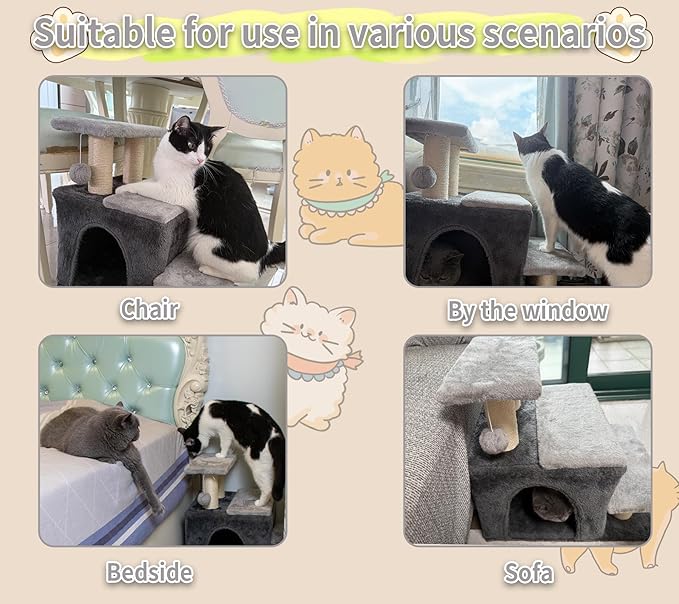 3-in-1 Pet Stairs for Cats for High Bed, Adjustable Dog Steps, Modular 3-Tier, Cushioned Steps & Big Cat Condo, Adjustable Entrance, Dangling Ball, for Kittens, Senior & Fat Cats (Grey, Large)