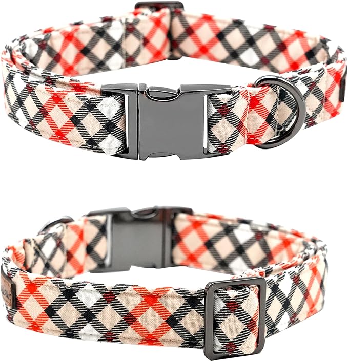 Dog Collar, Bow Dog Collar Beige Plaid Pet Collar Cute Pet Bow Soft Girl or Boy Puppy Collars with Metal Buckle Adjustable Collars for Small Dogs