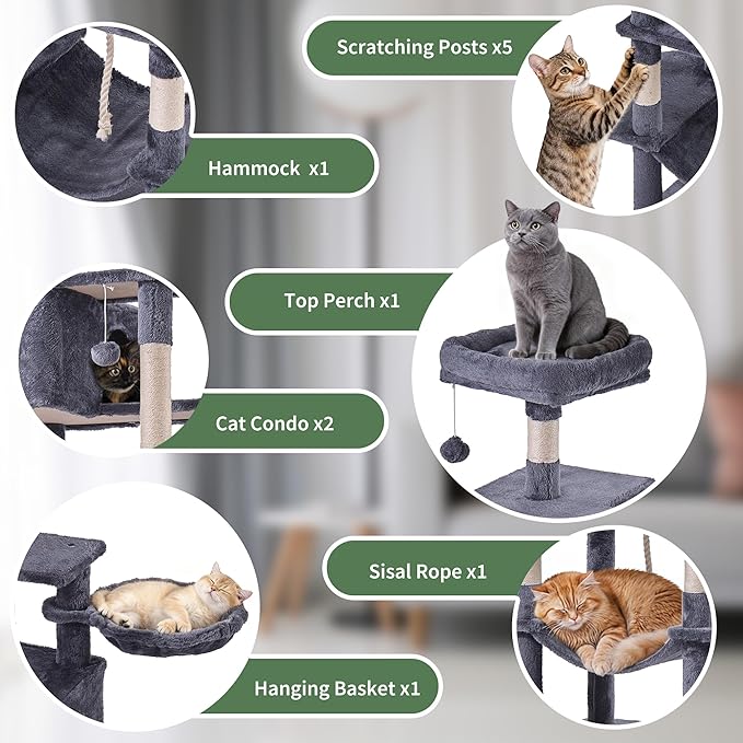 Cat Tree for Indoor Cats, 66 Inches Cat Tower with Scratching Post, Multi-Level Climbing Tree Cat House Padded Plush Perch, Cat Condo Activity Center with Pompoms, Kittens Pet Play House, Dark Gray