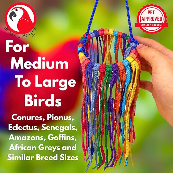 Bonka Bird Toys 51213 Large Aglet Heaven 9" Hanging Cotton Shoelace Ring Toy for Medium to Large Birds Like Eclectus Amazons African Greys