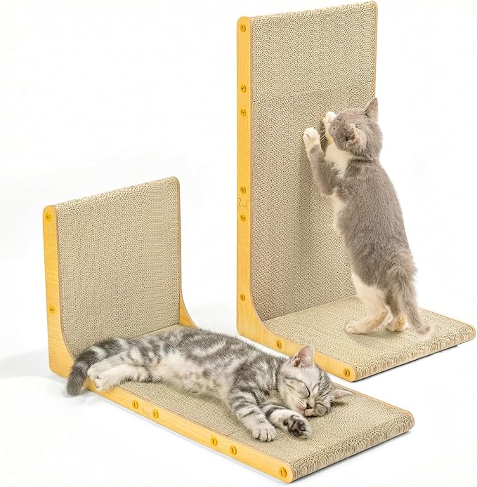 Cardboard Cat Scratcher,23 Inch L Shape Scratch Pad Wall Mounted,Vertical Scratching Board, Durable Cardboard to Protect Furniture for Indoor Cats,Wood Grain Large,2-Pack