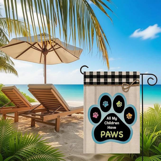 12x18 All My Children Have Paws Garden Flag Cat Paw Print Black Gingham Outdoor Decor for Pet Lovers Porch Yard Patio Decorations