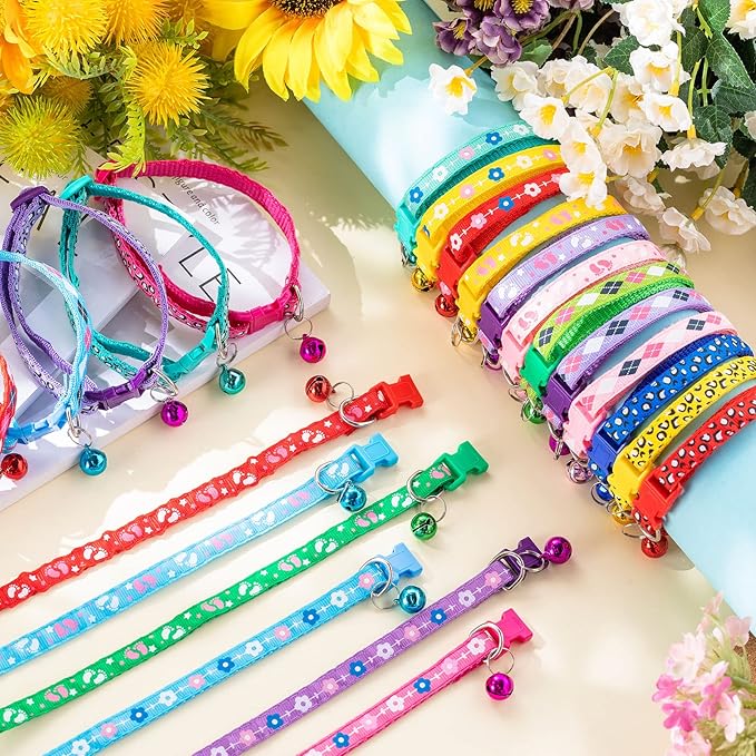 Yunsailing 24 Pcs Cat Collars with Bells for Litter Cat Puppy Soft Nylon Whelping Adjustable Reflective Kitten Collars for Newborn Pets Dogs Kitten, Assorted Colors(Cute Pattern)