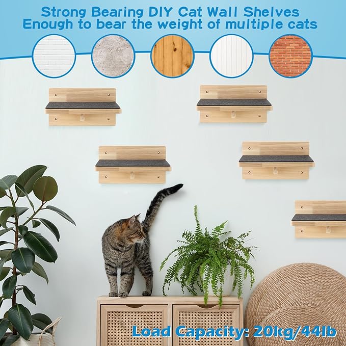 Lenwen Set of 6 Cat Wall Steps Shelf Shelves Wood Cat Climbing Shelves for Cat Mounted Furniture Cat Wall Bed Wood Cat Stairs with Non Slip Felt for Springboard Playing(Classic)