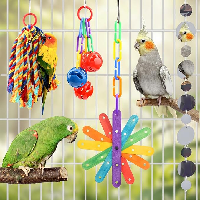 Small Bird Toys Parakeet Cage Accessories, Parakeet Toys, Swing Hanging Standing Chewing Toy, Bird Toys for Parakeets, Cockatiel, Parrot, 4pcs