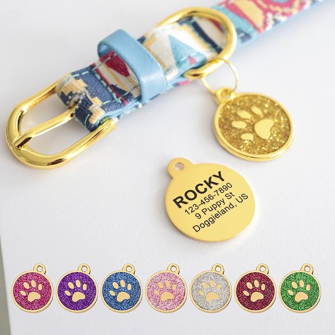 Paw Shape Dog ID Tag Stainless Steel Custom Laser Engraved, Cute Bling Glitter Pet Name Tags Personalized with Durable Engraving (Gold Sparkly Round Paw)