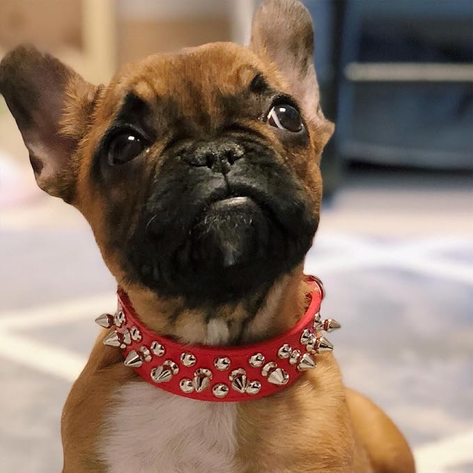 TEEMERRYCA Adjustable Microfiber Leather Spiked Studded Dog Collars with a Squeak Ball Gift for Small Medium Large Pets Like Cats/Pit Bull/Bulldog/Pugs/Husky, Red, M(12"-15")