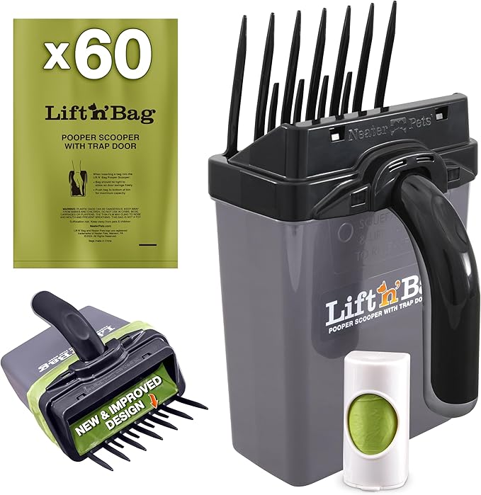 Neater Pet Brands Lift N’ Bag 2.0 Dog Pooper Scooper with Bag Attachment for Small to Large Dogs, New & Improved Design, 60 Refill Bags, Heavy Duty Dog Poop Scooper for Yard & Walks, One-Hand Use