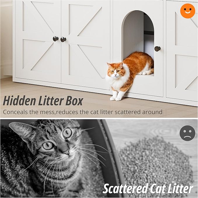 IRONCK Cat Litter Box Enclosure for 2 Cats, Litter Box Furniture Hidden with Double Room and Large Storage Space, Wooden Washroom Furniture, Cat House, White