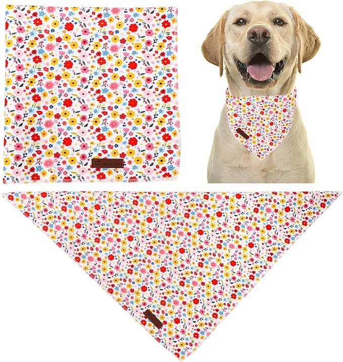 Floral Dog Bandana, UP URARA PUP Flowers Triangle Bid Scarf for Medium Large Dogs, Cotton Kerchief for Girl Boy Puppies, Cute Spring Blossom Bandana,L