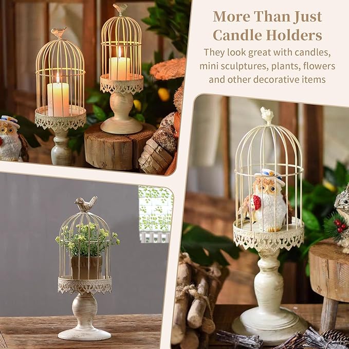 Birdcage Candle Holder Decorative Bird Cages for Weddings Vintage Candlestick Holders Wedding Candle Centerpieces for Tables Iron Candleholder Set Home Decor Distressed Ivory
