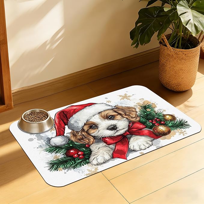 Christmas Dog and Cat Food Mat, Absorbent Feeding Placemat, Waterproof Non-Slip Rubber Base – 16x24 Inch