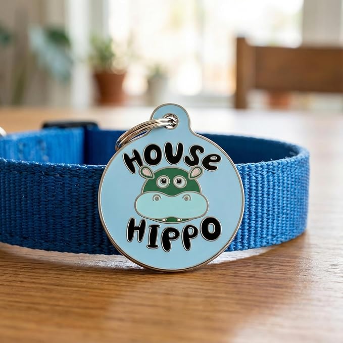 Bad Tags Personalized Dog and Cat ID Tags in 25+ Designs and 2 Sizes - 5 Lines of Custom Engraved Text - Funny Cute Personalized Pet Tags (House Hippo - Blue, Large (1.25 inch))