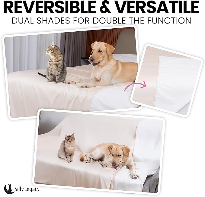 SILLY LEGACY Thin Reversible Waterproof Protective Cover or Liner for Bed or Couch, for Dogs and Cats, Babies; Incontinence, Dirt, Drool (King Size, 100 x 96 inch) (Beige)