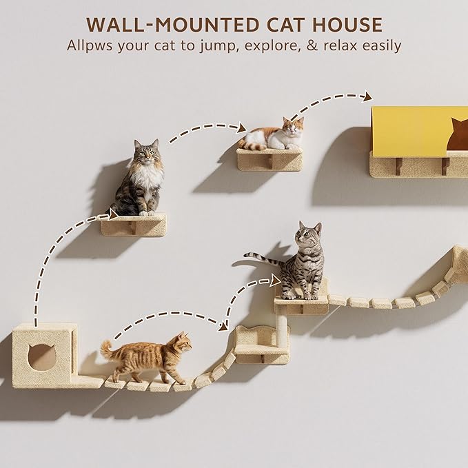20-in-1 Cat Wall Shelves, Wall Mounted Pet Furniture w/Plush Fabric, Cat Climbing Wall System, 63'' Cats Tower w/Scratching Posts, Cats Shelf with 40''L Tunnel, Condos, House, Step and Ladder
