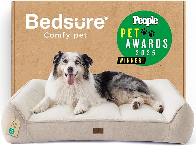 Bedsure SupportMax™ XL Orthopedic Dog Beds Large Sized Dog - Extra Thick Supportive Dogs Couch with Waterproof Washable Cover, Extra Large Comfort Pet Sofa with Soft Sherpa and Nonskid Bottom, Beige