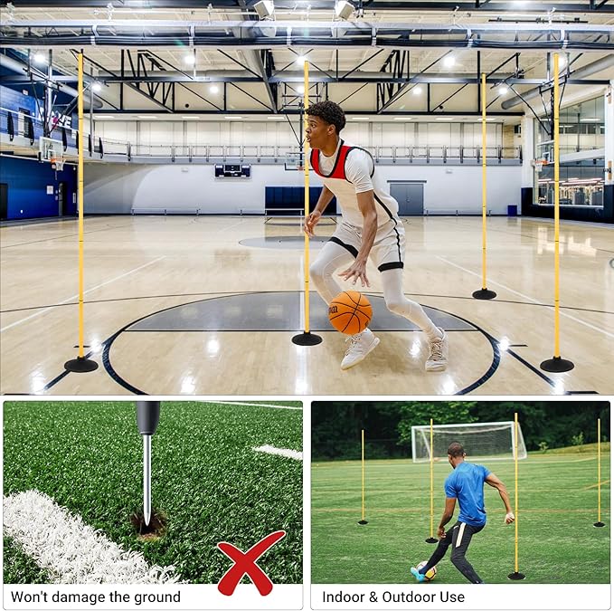 6 FT Agility Poles for Soccer, Basketball, Football, Equestrian, Pet Training, 4/6/8/10 Pack Detachable Soccer Poles w/Rubber Bases, Pole Bending Poles for Horses, Indoor/Outdoor Use