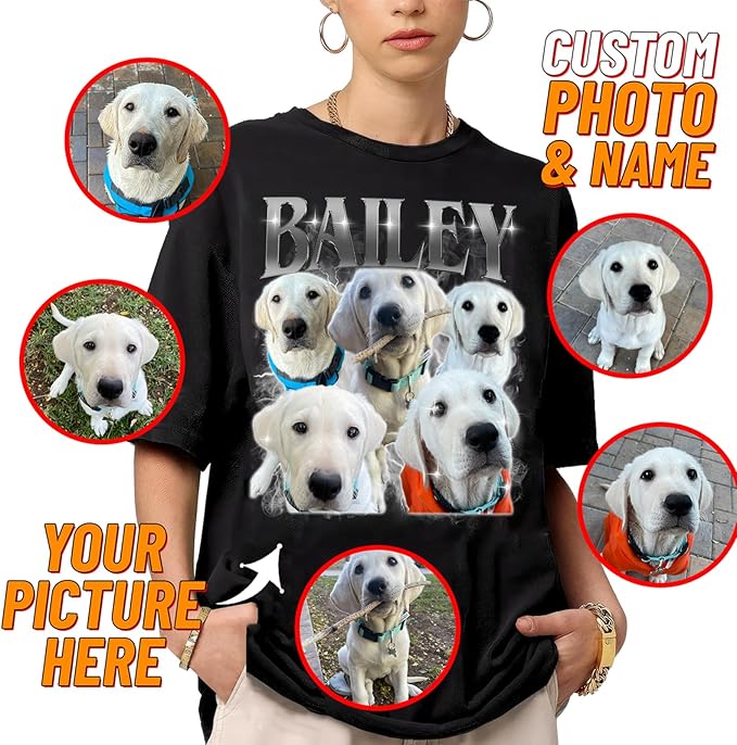 IZI POD Custom Dog Shirt for Women, Personalized Pet Face Photo Shirt, Bootleg Rap Tee Dog Gifts Valentine Birthday Gift