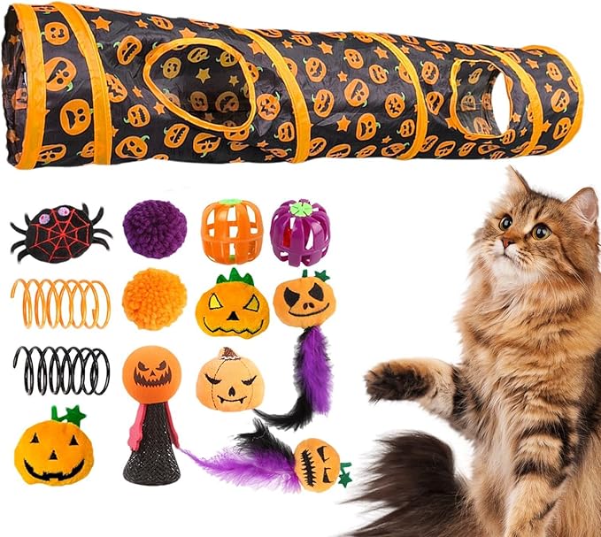 Interactive Cat Play Tunnels - Halloween Peekaboo Cat Cave with Toys, Cats Engaging Activity Center | Interactive Toy & Activity Center for Indoor Cats, Kittens, Small Animals, Playing & Stimulation
