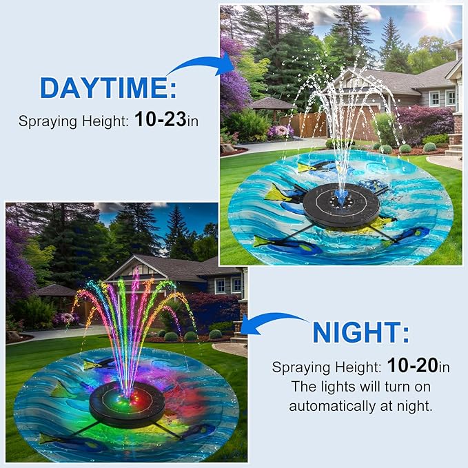Solar Fountain Pump with 3 Spray Height Adjustments, Upgraded Glass Solar Bird Bath Fountains with LED Lights,6 Nozzles,Outdoor Solar Water Fountain for Bird Bath, Garden, Pool, Pond (Blue)