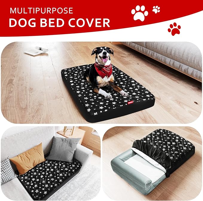 Waterproof Dog Bed Covers Replacement Washable Pet Hair Easy to Remove, Noiseless Quilted Puppy Pet Bed Cover Lovely Black Star Print 20x30 Inches, for Dog/Cat, Cover Only
