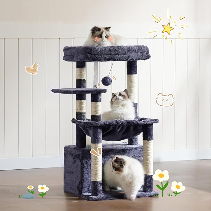 Heybly Cat Tree, Kitten Tower with Large Soft Cat Basket, Cat Condo with Spacious Cat Bed Cave with Hidden Space, Sisal-Covered Scratching Posts, Dangling Ball for Indoor Cats, Smoky Gray HCT008SG