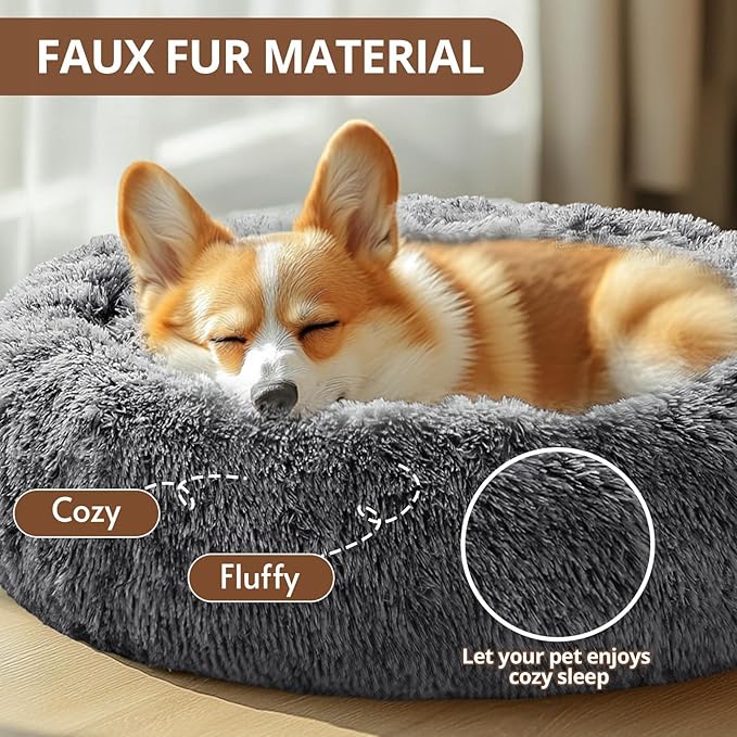 JOLLYVOGUE Calming Dog Bed Medium Size Dog, Anti-Anxiety Donut Medium Pet Bed, 31 inches Fluffy Faux Fur Round Cat Bed, Fits up to 45 lbs Pets (Smoke Black)