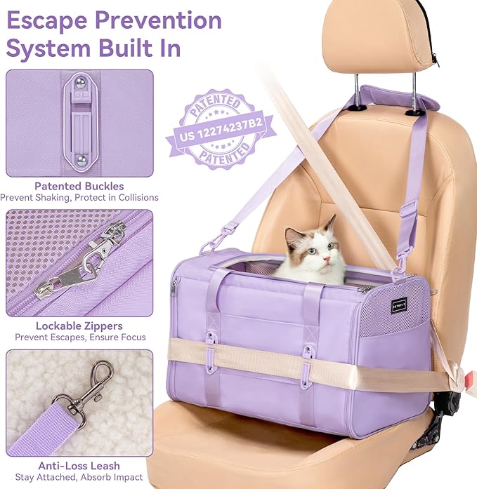 PETSFIT Large Cat Car Carrier with Patented Safety Buckles(19 x 12 x 12) – Roomy Escape-Proof for Safe Driving, Lockable Zippers & Safety Tether, Soft-Sided Travel Carrier for Road Trips & Vet Visits