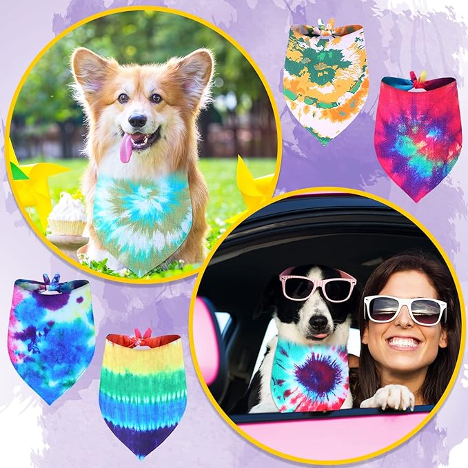 Silkfly 50 Pcs Summer Tie Dye Dog Bandanas Bulk Pet Scarf Grooming Salon Triangle Washable Dog Bib Kerchief for Large Pet Birthday Party(Large)