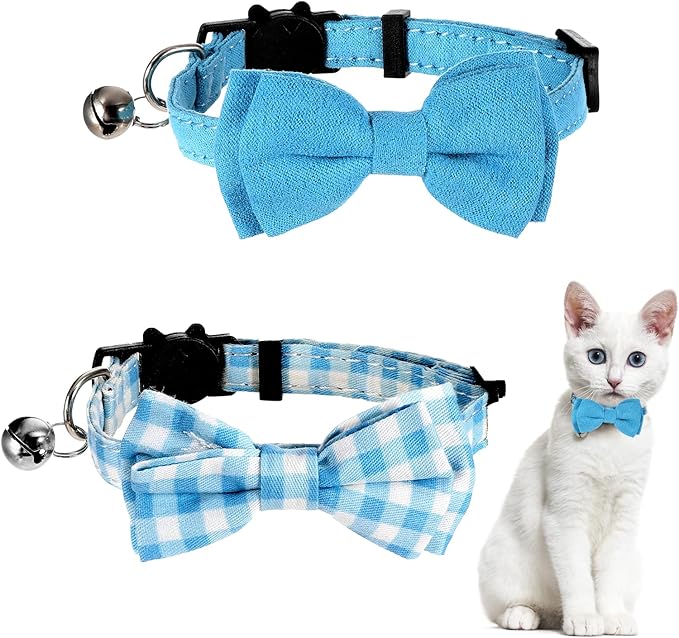2 Pcs Boy Cat Collar with Bell Breakaway Cat Collars Cute Kitten Bow Tie Collar Adjustable Small Puppy Safety Collar Solid Color Plaid Pet Collar (Blue)