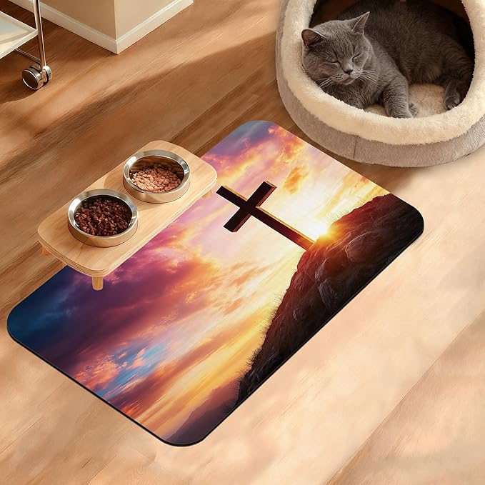 Pet Feeding Mat,Cross Absorbent Dog Cat Food Mat Sunset Dog Mat with Rubber Backing,Non-Slip Water Bowl Placemat,Pet Supplies 12" x 20"