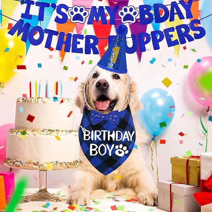 STMK Dog Birthday Decorations, Multi Sizes Dog Birthday Hat Bandana Bow Tie Numbers It’s My Bday Mother Puppers Banner for Large Extra Large Dogs Pets (X-Large, Blue)