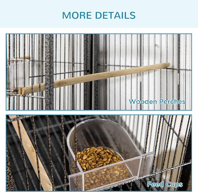 PawHut 65" Double Rolling Metal Bird Cage with Divider, Large Parrot Cage for Parakeet, Canaries, Lovebirds, Budgie, Finch, with Detachable Rolling Stand, Storage Shelf, Wood Perch & Food Container