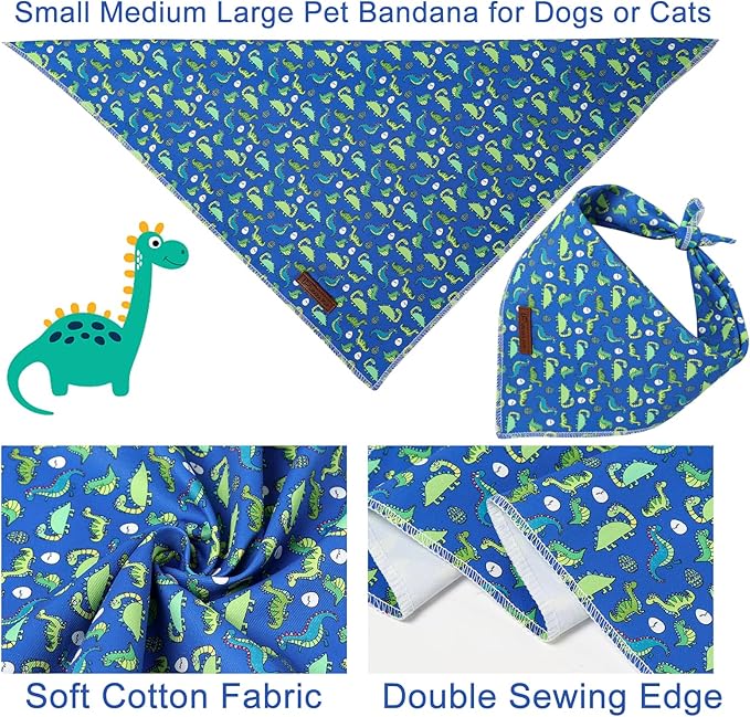 Summer Dog Bandana, UP URARA PUP Dinosaur Triangle Bid Scarf for Medium Large Dogs, Cotton Kerchief for Girl Boy Puppies, Cute Summer BlueBandana,L