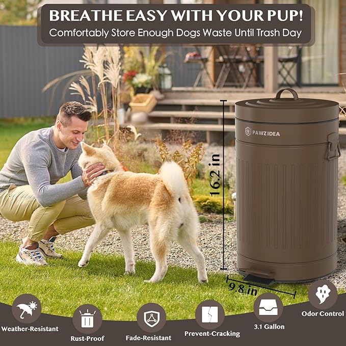 PAWZIDEA Dog Poop Trash Can Outside Odor Control, 3.1Gallon Pet Waste Trash Can Outdoor Waterproof, Dog Poop Container Bin Outdoor Garbage Can with Lid, 7.8in Activated Carbon Filter Pet Waste Station