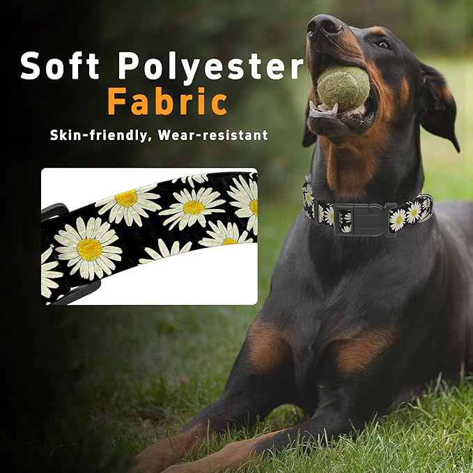 Dog Collar, Daisy Boys Girls Puppy Collar for Small Medium Large Dogs, Adjustable Soft Floral Pet Collar with Safety Buckle for Male Females(Black Daisy,XS)