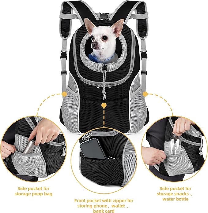 WOYYHO Pet Dog Carrier Backpack with Storage Pockets Small Dog Front Backpack Adjustable Straps Dog Backpack Breathable Dog Front Carrier with Safety Belt for Travel Hiking Cycling Outdoor Use