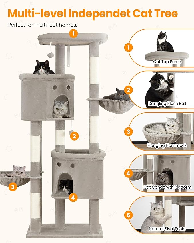 Extra Large Cat Tree, 84 Inch XXL Giant Cat Tower for Indoor Cats Large Adult 20lb+, Multi-Level Cat Climbing Condo with 5 Scratching Posts, 3 Wide Platform Perches, 2 Baskets, 2 Cat Caves, Light Grey