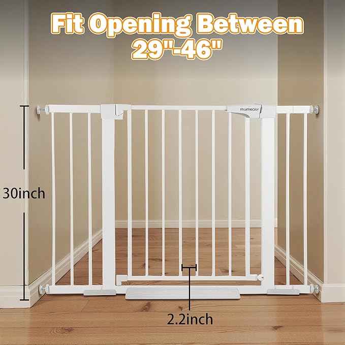 Mumeasy 29.6-46" Baby Gate for Stairs, Pressure Mounted Dog Gate for Doorways, Auto Close Pet Gate for Indoor Use, Extra Wide Child Gate with Walk Thru Door White, Mom's Choice Awards Winner