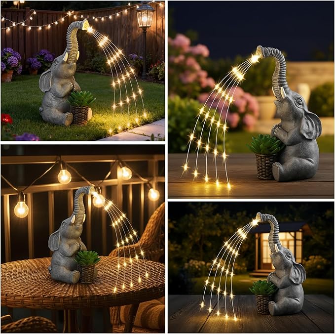 Lyeasw Solar Garden Decor Elephant Statues – Birthday Gifts for Women Mom, Water‑Resistant Watering Elephant Outdoor Decor for Patio, Yard & Porch with Auto On/Off Light, Praying Elephant Ornament