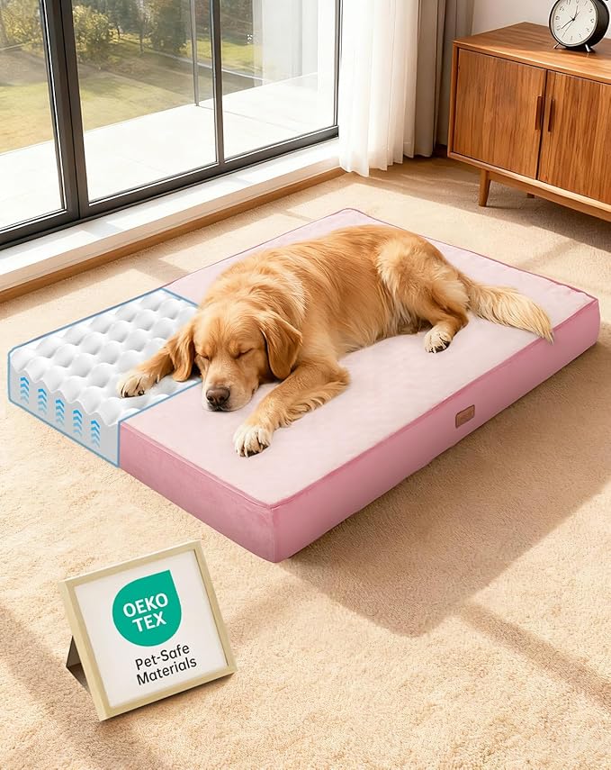 OhGeni Orthopedic Waterproof Dog Bed for Large Dogs, Machine-Washable Removable Cover in Easy-Clean Fabric, High Density Foam & Easy-Carry Handle, Wider and Larger, 44 inch (Pink)