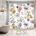 4 PCS Purple Floral Birds Bathroom Set with Shower Curtain and Rugs 72Wx72H Inch Classical Watercolor Non-Slip Bath Rug Toilet Lid Cover and U Shape Mat Accessories 12 Hooks Bathoom Decor