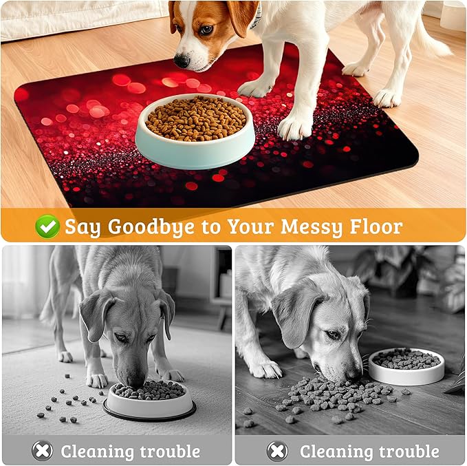 Red Gradienr Feeding Mat,Black Glitter Absorbent Quick-Dry Cat Dog Food and Water Bowl Mats,Non-Slip Rubber Backing Mat,Cat Dog Accessories Supplies 16" x 24"