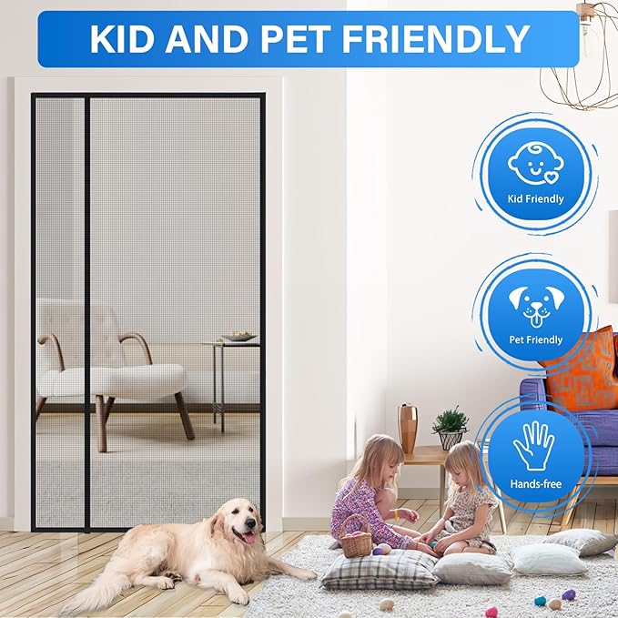 Magnetic Screen Door Mesh Left Right Side Opening Upgraded PET Material Mesh Stronger Than Fiberglass and Polyester,Keep Bugs Out,Pet & Kid Friendly,Hands Free,Fit Door Size 60" X 96"