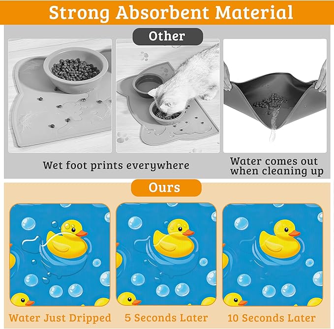 Yellow Rubber Ducks Dog Food Mat,Soap Bubbles Absorbent Pet Feeding Mat for Food and Water Bowl,Quick Dry Dog Placemat Non Slip Rubber Backing Waterproof Pet Supplies 12" x 20"