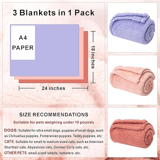 3 Blankets, Dog Cat Pet Blanket, Soft Warm Fleece, for Puppy, Small Dogs or Kitten, Cats, Plush Fuzzy Blanket for Bed, Sofa, Travel (24" x 18", 3/Pack, Lavender+Pink+Dark Pink)