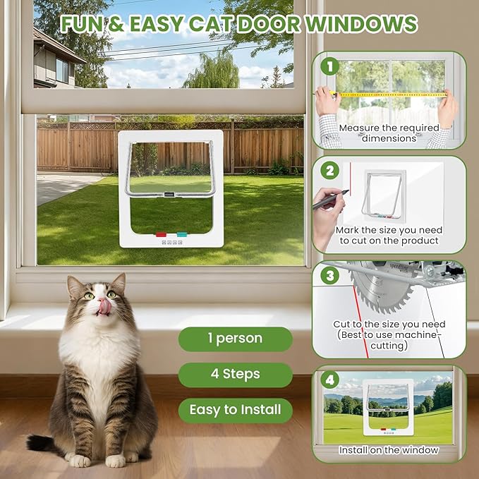 Cat Door for Window, 4 Locking Modes for Safety Cat Window Door, Fits 14"-24" Width Window, Durable Weatherproof design Cat Door, Magnetic Closure, Wider View, Pet Door With Safe & Comfortable for Cat